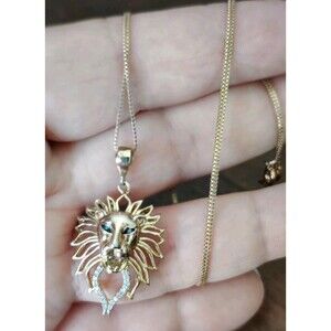 Lion King Blue Eye Leo 925 Sterling Silver Gold 1" Pendant 18" Necklace Italy